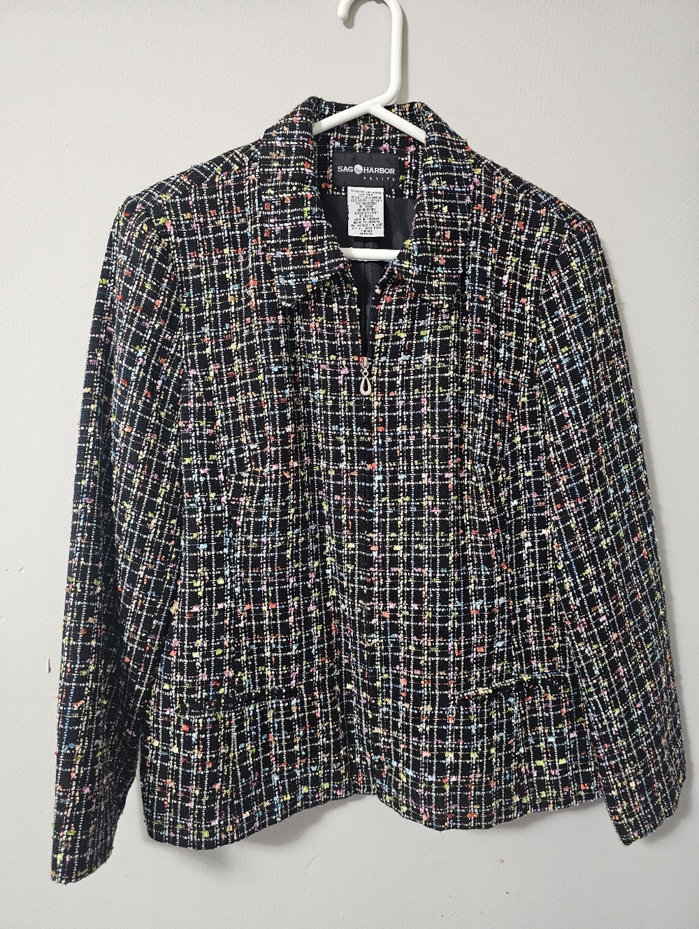 Sag Harbor Size 14 Petite Black Confetti Woven Tweed Zip Up Blazer Jacket